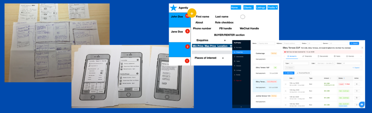 Early MyPropty product mockups: paper wireframe sketches on a desk, hand-drawn phone screens, and screenshots of the resulting web app.